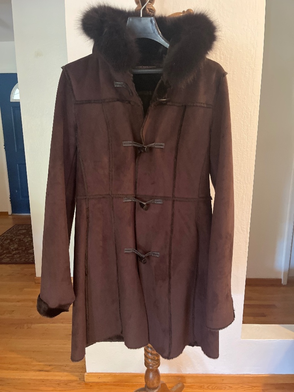 Andrew Marc Women's Brown Faux Suede Winter Pea Coat Fur-Lined Hood Size Large